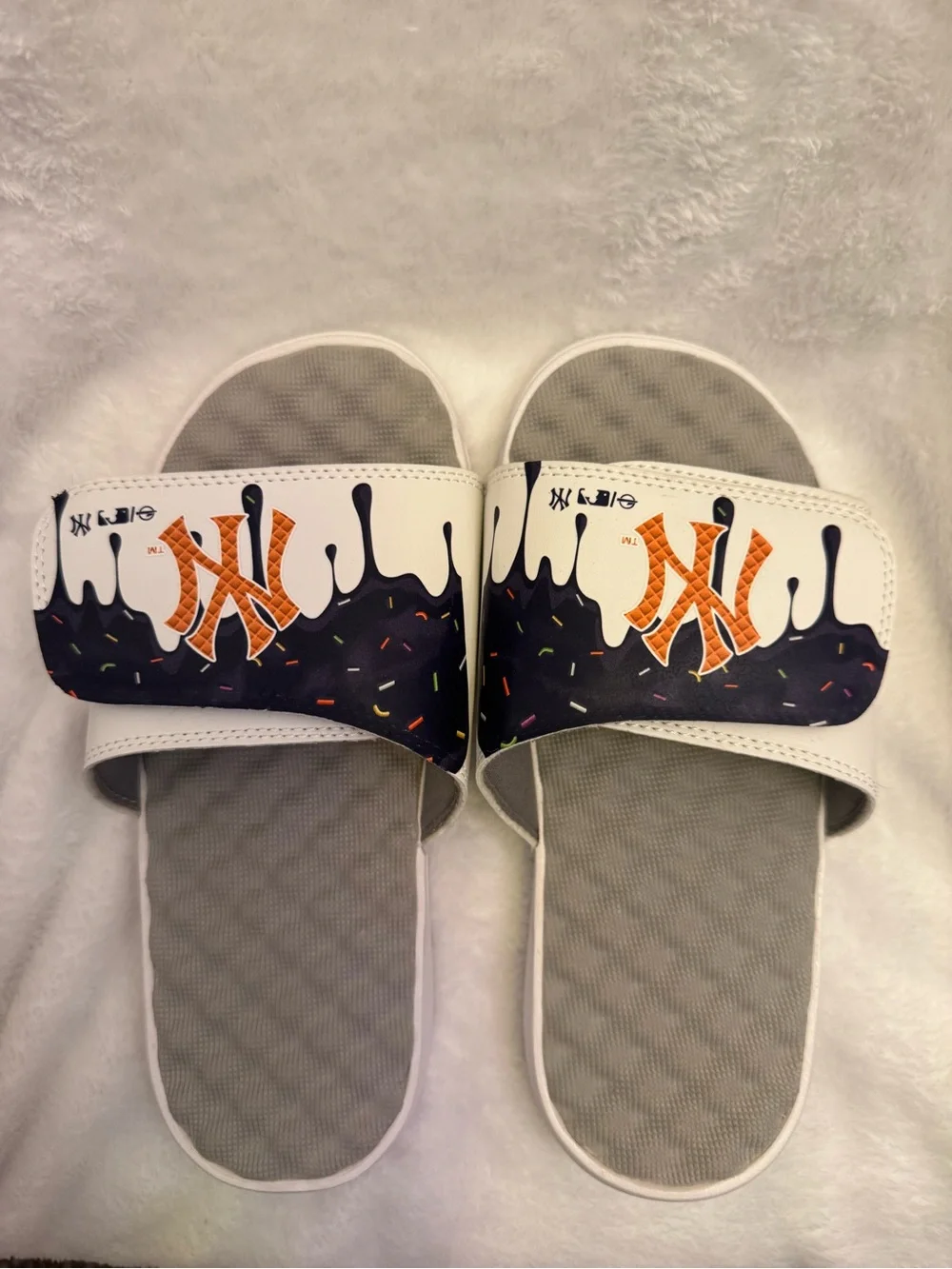 Kids' White and Gray Slide Sandals with Navy & Orange Logo